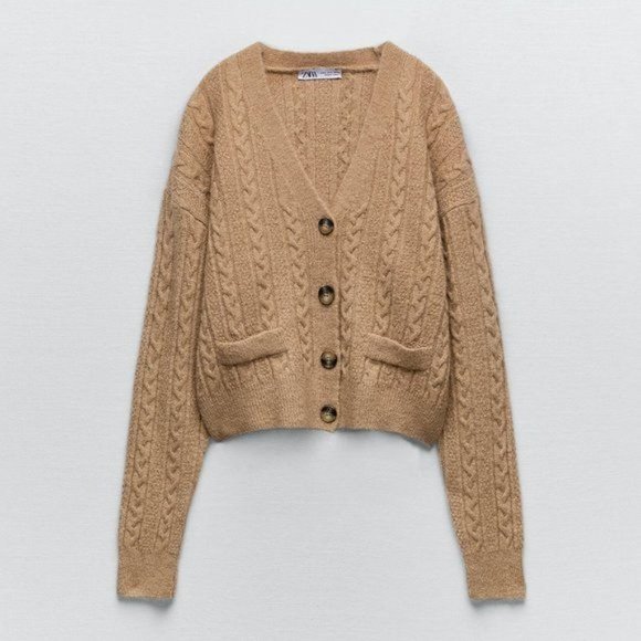Zara Sweaters - Zara Cable Knit Button Cropped Long Sleeve Cardigan Sweater Camel Tan